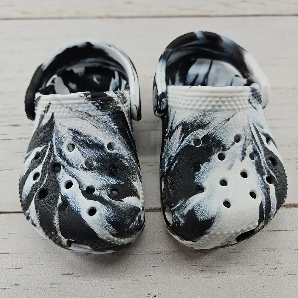 Crocs Classic Marbled Clogs C4 Black White Toddler Slip On Shoes 207002‎